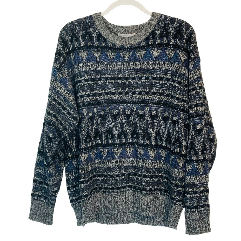 METHOD men's Vtg. sweater 90s retro gray blue black crew neck geometric grandpa
